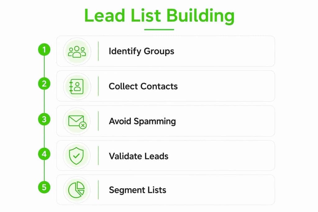 Infographic showing steps to build B2B lead lists on Telegram